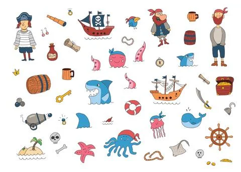 Cute Pirate elements collection. Cartoon sea adventures items set. Vector i.. Stock Illustration