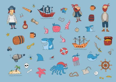 Cute Pirate elements collection. Cartoon sea adventures items set. Vector i.. Stock Illustration