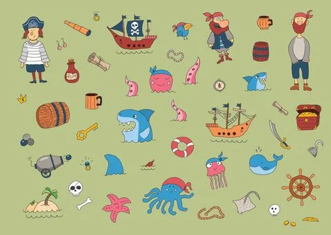 Cute Pirate elements collection. Cartoon sea adventures items set. Vector i.. Stock Illustration