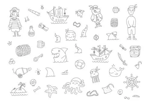 Cute Pirate elements collection. Cartoon sea adventures items set. Vector ill Stock Illustration