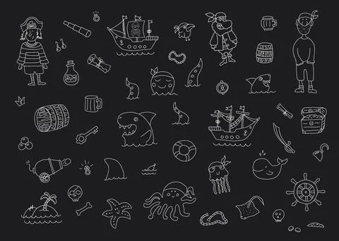 Cute Pirate elements collection. Cartoon sea adventures items set. Vector ill Stock Illustration