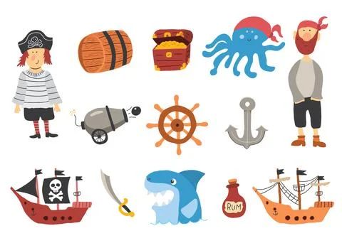 Cute Pirate elements collection. Cartoon sea adventures items set. Vector i.. Stock Illustration