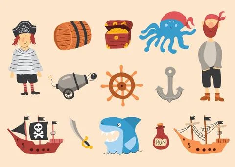 Cute Pirate elements collection. Cartoon sea adventures items set. Vector i.. Stock Illustration