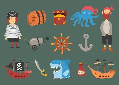 Cute Pirate elements collection. Cartoon sea adventures items set. Vector i.. Stock Illustration