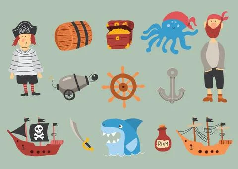 Cute Pirate elements collection. Cartoon sea adventures items set. Vector i.. イラスト素材