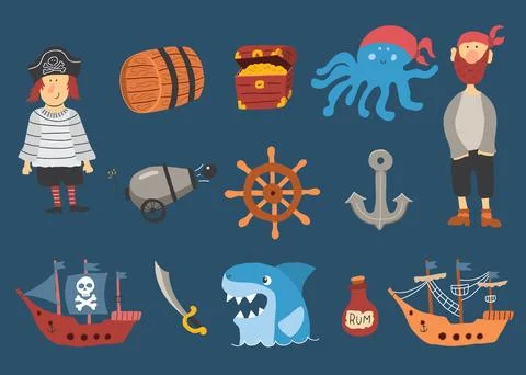 Cute Pirate elements collection. Cartoon sea adventures items set. Vector i.. Illustrazione stock