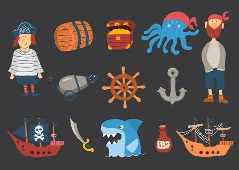 Cute Pirate elements collection. Cartoon sea adventures items set. Vector i.. Stock Illustration