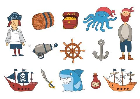 Cute Pirate elements collection. Cartoon sea adventures items set. Vector i.. Stock Illustration