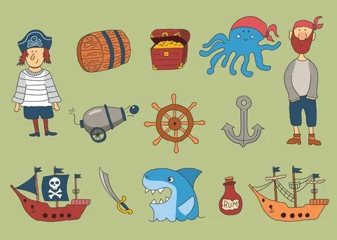 Cute Pirate elements collection. Cartoon sea adventures items set. Vector i.. Stock Illustration