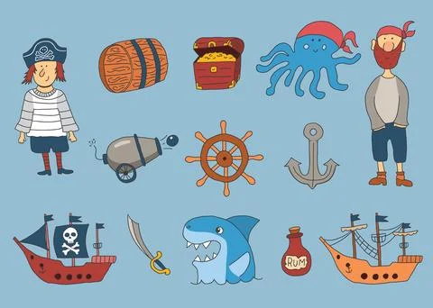 Cute Pirate elements collection. Cartoon sea adventures items set. Vector i.. Stock Illustration