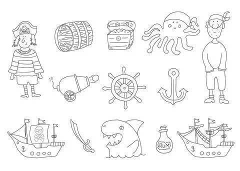 Cute Pirate elements collection. Cartoon sea adventures items set. Vector ill Stock Illustration