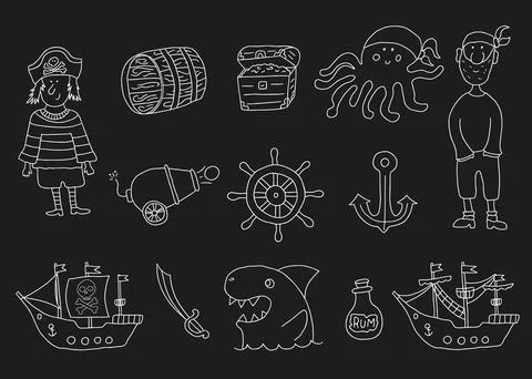 Cute Pirate elements collection. Cartoon sea adventures items set. Vector ill Stock Illustration