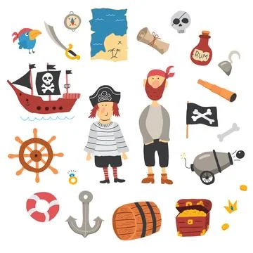 Cute Pirate elements collection. Cartoon sea adventures items set. Vector i.. Stock Illustration