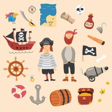 Cute Pirate elements collection. Cartoon sea adventures items set. Vector i.. Stock Illustration