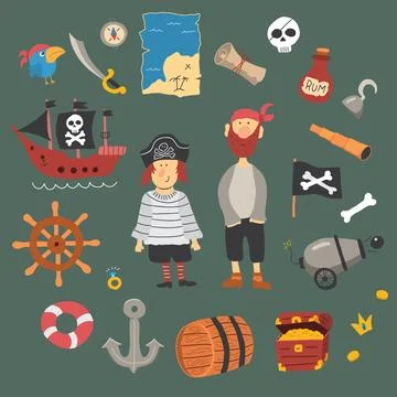 Cute Pirate elements collection. Cartoon sea adventures items set. Vector i.. Stock Illustration