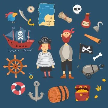 Cute Pirate elements collection. Cartoon sea adventures items set. Vector i.. イラスト素材