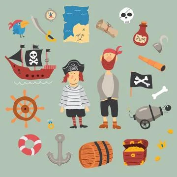 Cute Pirate elements collection. Cartoon sea adventures items set. Vector i.. Stock Illustration
