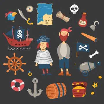 Cute Pirate elements collection. Cartoon sea adventures items set. Vector i.. Stock Illustration