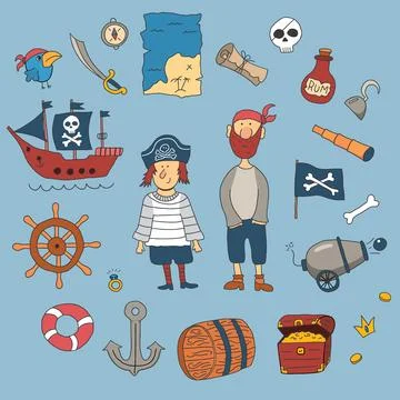 Cute Pirate elements collection. Cartoon sea adventures items set. Vector i.. Stock Illustration