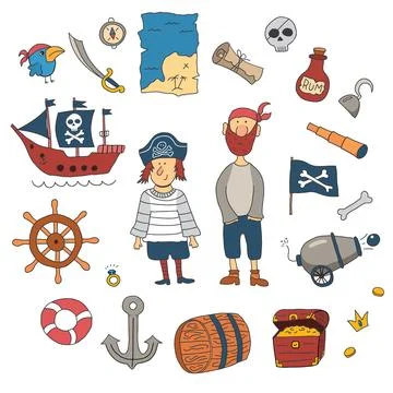 Cute Pirate elements collection. Cartoon sea adventures items set. Vector i.. Illustrazione stock