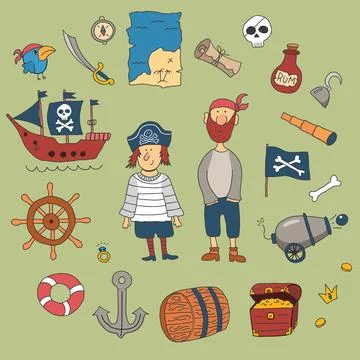 Cute Pirate elements collection. Cartoon sea adventures items set. Vector i.. Stock Illustration