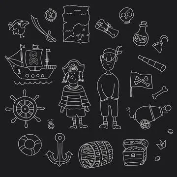 Cute Pirate elements collection. Cartoon sea adventures items set. Vector ill Stock Illustration