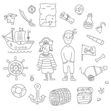 Cute Pirate elements collection. Cartoon sea adventures items set. Vector ill Stock Illustration