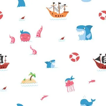 Cute Pirate elements Seamless Pattern. Cartoon items Pirate and objects. back イラスト素材