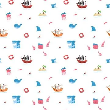 Cute Pirate elements Seamless Pattern. Cartoon items Pirate and objects. back Stockillustratie