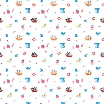 Cute Pirate elements Seamless Pattern. Cartoon items Pirate and objects. ba.. Illustrazione stock
