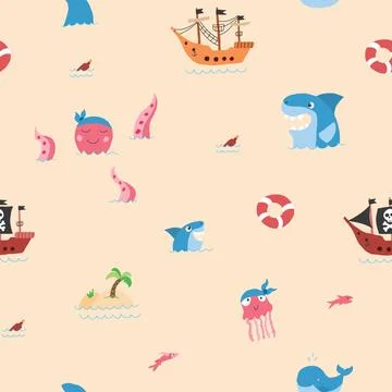 Cute Pirate elements Seamless Pattern. Cartoon items Pirate and objects. ba.. Illustrazione stock