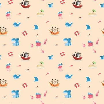 Cute Pirate elements Seamless Pattern. Cartoon items Pirate and objects. ba.. Illustrazione stock