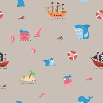 Cute Pirate elements Seamless Pattern. Cartoon items Pirate and objects. ba.. Stock Illustration