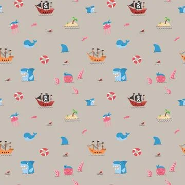 Cute Pirate elements Seamless Pattern. Cartoon items Pirate and objects. ba.. Stock Illustration