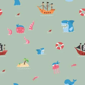 Cute Pirate elements Seamless Pattern. Cartoon items Pirate and objects. ba.. イラスト素材