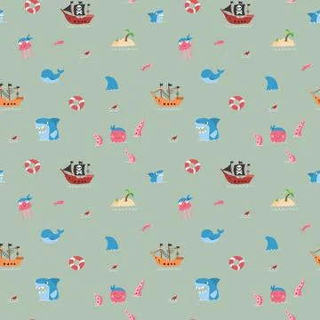 Cute Pirate elements Seamless Pattern. Cartoon items Pirate and objects. ba.. Illustrazione stock