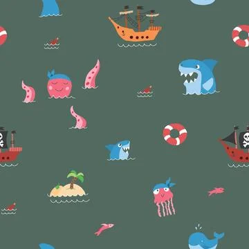 Cute Pirate elements Seamless Pattern. Cartoon items Pirate and objects. ba.. イラスト素材