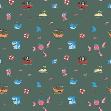 Cute Pirate elements Seamless Pattern. Cartoon items Pirate and objects. ba.. Illustrazione stock