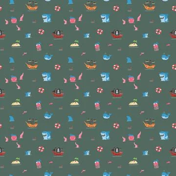 Cute Pirate elements Seamless Pattern. Cartoon items Pirate and objects. ba.. Illustrazione stock