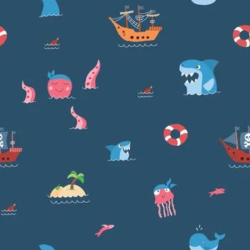 Cute Pirate elements Seamless Pattern. Cartoon items Pirate and objects. ba.. Illustrazione stock