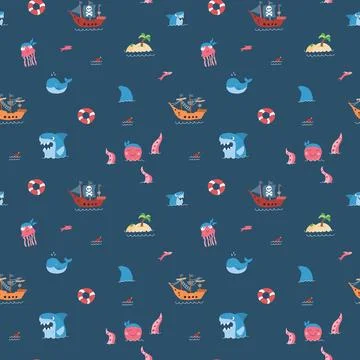 Cute Pirate elements Seamless Pattern. Cartoon items Pirate and objects. ba.. Stockillustratie
