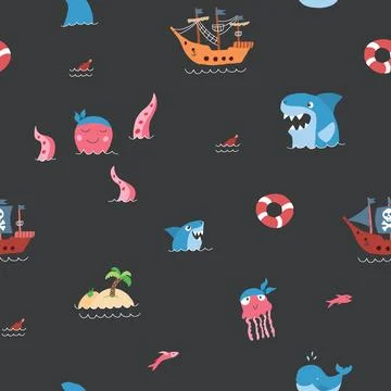Cute Pirate elements Seamless Pattern. Cartoon items Pirate and objects. ba.. イラスト素材