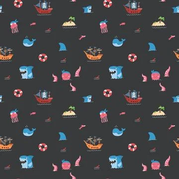 Cute Pirate elements Seamless Pattern. Cartoon items Pirate and objects. ba.. イラスト素材