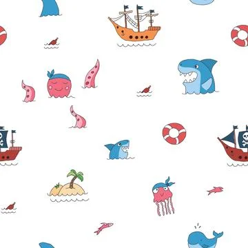 Cute Pirate elements Seamless Pattern. Cartoon items Pirate and objects. ba.. 스톡 일러스트