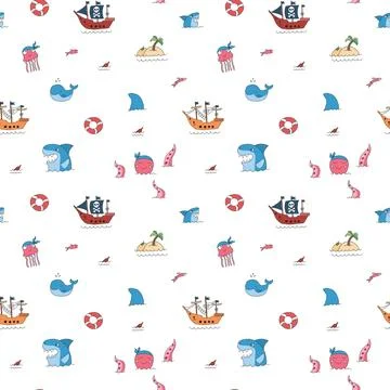 Cute Pirate elements Seamless Pattern. Cartoon items Pirate and objects. ba.. Stock Illustration
