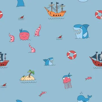 Cute Pirate elements Seamless Pattern. Cartoon items Pirate and objects. ba.. Stockillustratie