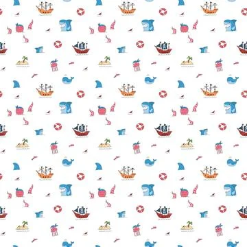 Cute Pirate elements Seamless Pattern. Cartoon items Pirate and objects. ba.. Illustrazione stock