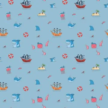 Cute Pirate elements Seamless Pattern. Cartoon items Pirate and objects. ba.. Stock Illustration