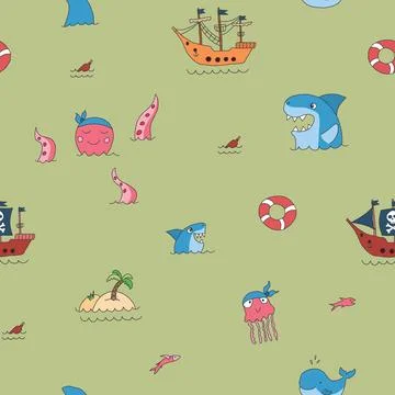 Cute Pirate elements Seamless Pattern. Cartoon items Pirate and objects. ba.. Stockillustratie