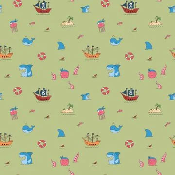 Cute Pirate elements Seamless Pattern. Cartoon items Pirate and objects. ba.. Stock Illustration